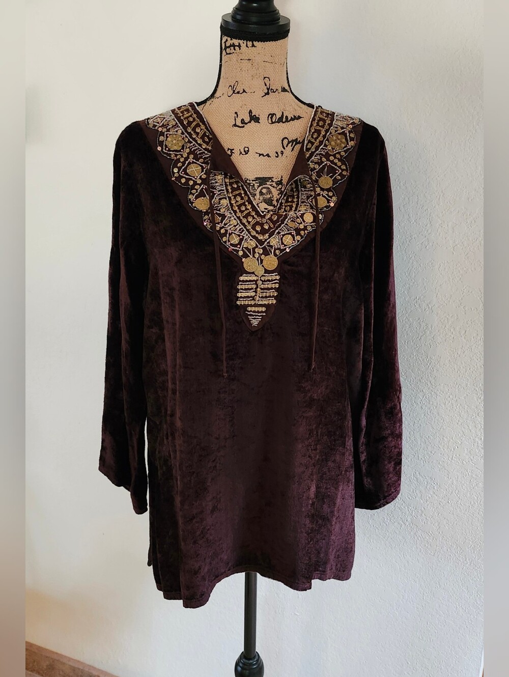 Roaman's Brown Tie Neck Velvet Embellished Tunic Top Sz XL (18W)